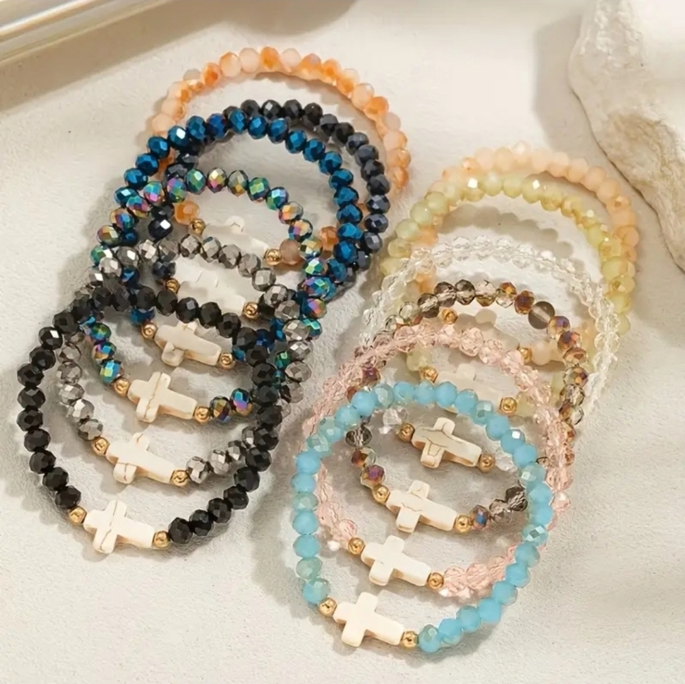 GORGEOUS CRYSTAL CROSS STRETCH BRACELETS. BEAUTIFUL COLORS AND SPARKLE. U PICK - Picture 3 of 6